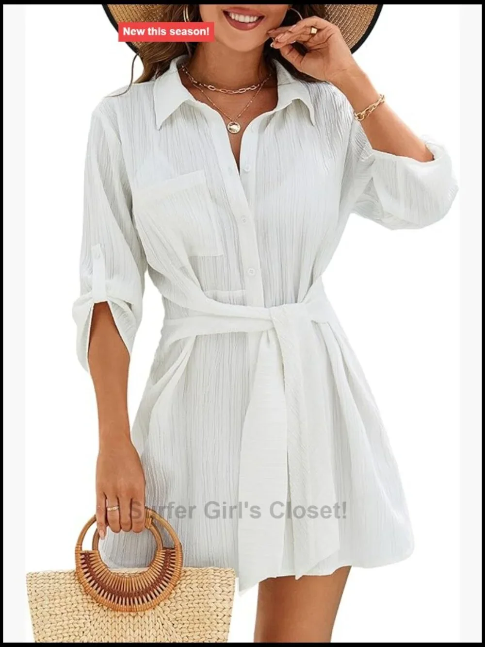 Women's Swimsuit Cover Up Tie Side Beach Dress Shirt 3/4 Sleeve